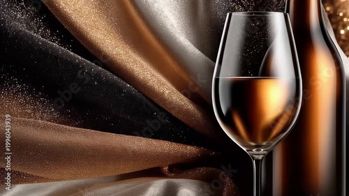 Wine glass and bottle placed on elegant draped fabric. Luxurious setting with golden lighting for celebration event. Elegant still life beverage display concept.
