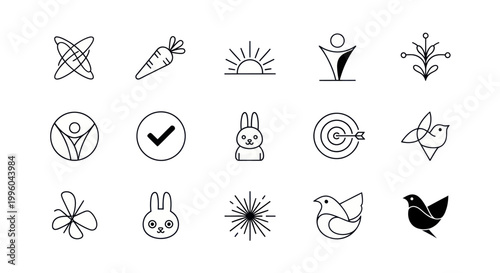 Minimalist Icons Set: Abstract Shapes, Nature, Success Symbols, Animals, and Health