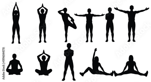 Collection of people in various standing positions and yoga poses on transparent bg.