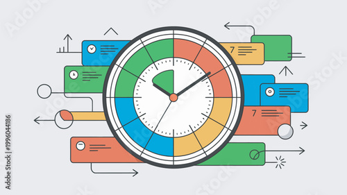 A colorful illustration of a clock surrounded by various rectangular blocks with arrows and symbols.