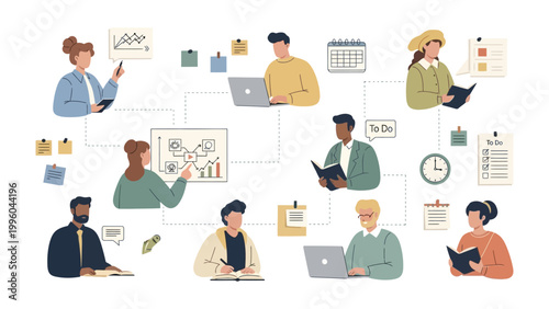Brainstorming Business: A vibrant illustration showcasing individuals deep in thought and collaborating on projects.