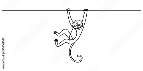 A single continuous line drawing of a cute monkey hanging from a horizontal bar in a simple minimalist style. Vector, illustration