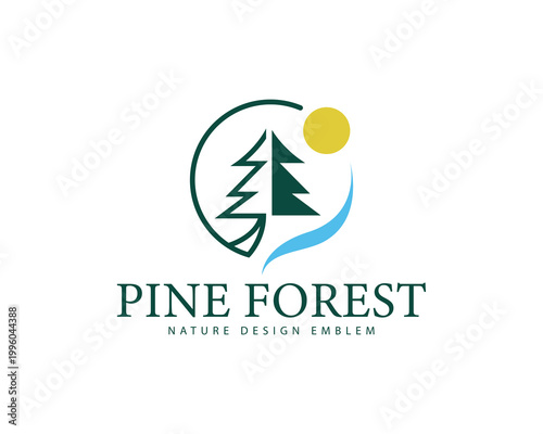 pine logo creative forest wave nature sun landscape tree design