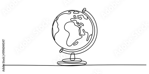 A continuous single line drawing of a globe showing continents on a simple stand isolated on a plain white background Vector, illustration