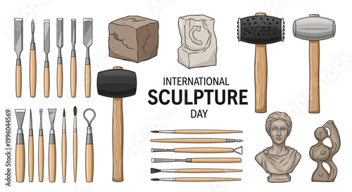 On International Sculpture Day, a vector illustration presents various carving tools alongside stone and marble sculptures, showcasing both classical and modern designs on a clean white