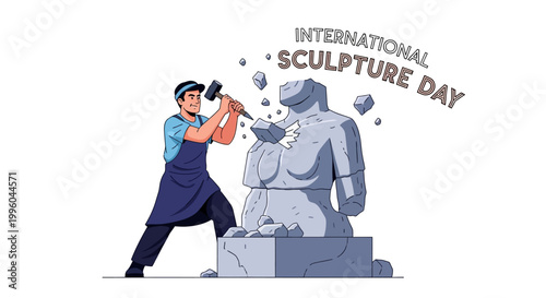 An artist carves a stone block into a classical statue in this vector illustration, celebrating International Sculpture Day with a modern design against a clean white background