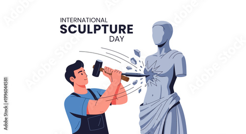 Celebrating International Sculpture Day with a vector illustration depicting a sculptor chiseling a classical marble statue in an art gallery, showcasing artistic expression and modern