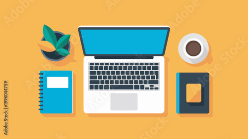 A laptop computer surrounded by office supplies on a yellow desk in a modern workspace