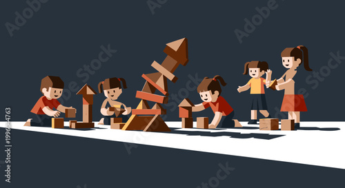 Children playing with wooden blocks, building towers and shapes, developing creativity and motor skills in a bright, stylized illustration.