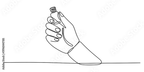 A minimal continuous line drawing of a human hand holding a small plastic bottle for a simple artistic project. Vector, illustration