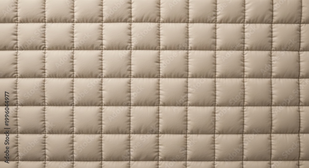 Fototapeta premium Close-up view of a beige quilted fabric with a repeating geometric grid pattern of visible stitching lines, offering a soft and cozy texture for various textile applications.