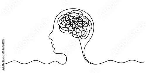 A single line art drawing depicting a human profile with a tangled brain representing complex mental processes. Vector, illustration