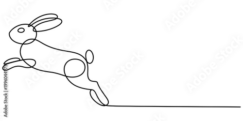 Minimalist continuous single line art drawing of a cute jumping rabbit isolated on a clean white background area. Vector, illustration