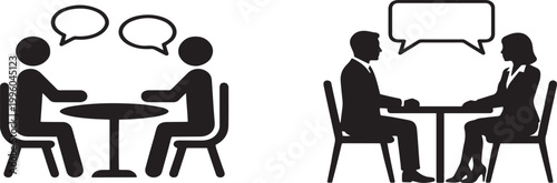 Minimalist line icon set featuring business silhouettes having a meeting at a table representing professional communication consultation and executive job interviews