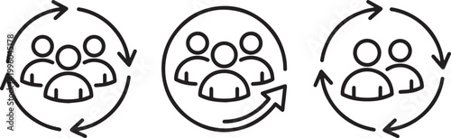 Minimalist vector line icons representing teamwork collaboration employee lifecycle human resources management and agile business process development with circular arrows for stock