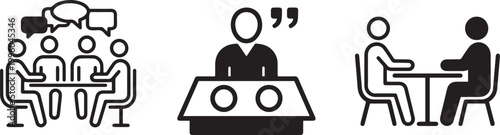 Vector icon set of a group meeting with speech bubbles, a spokesperson with quotation marks, and two people having a professional conversation