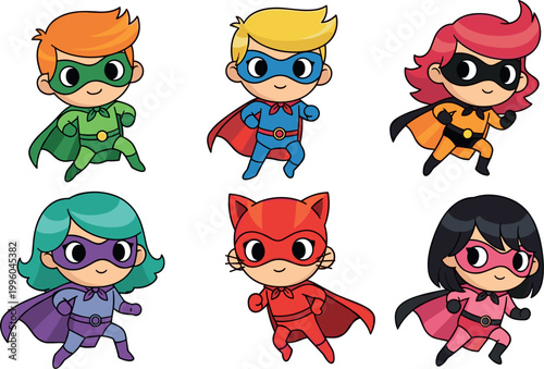 Bild auf Leinwand Six Cute Kids Superhero Cartoon Vector Set with Colorful Costumes Masks Capes Bo