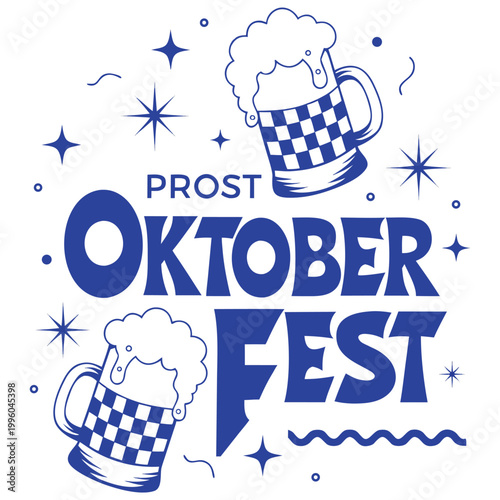 Oktoberfest festival background with beer mugs and Bavarian pattern