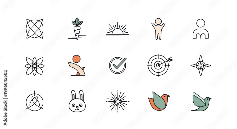 Fototapeta premium Modern Minimalist Icon Set: Business, Lifestyle, Nature, and Abstract Symbols