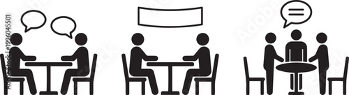 Vector icon set of two people talking at a table with speech bubbles, a billboard sign above figures, and a group meeting discussion