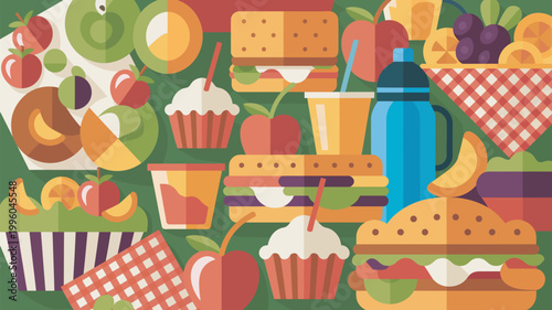 A colorful illustration of various food items and desserts on a green background
