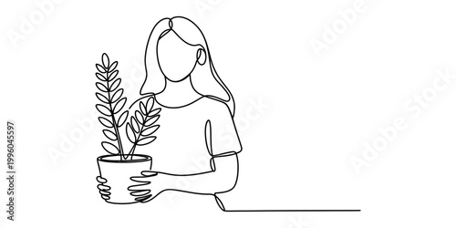 Woman holding a houseplant one line drawing