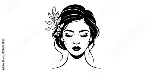 Woman face line art drawing with leaves in hair