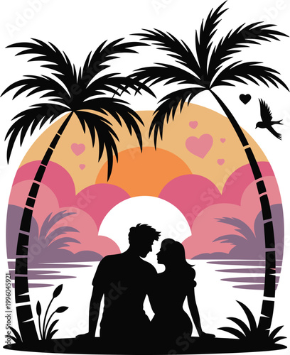 Couple silhouetted in water with palm trees and hearts, romantic tropical vector illustration for love concept, honeymoon travel, sunset beach scene and relationship themed design elements.