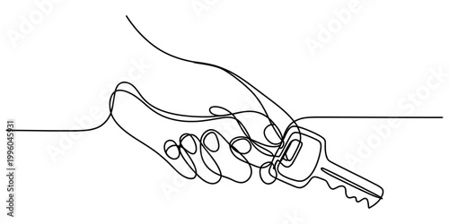 A single continuous line drawing of a human hand holding a metal key representing access and ownership concept Vector, illustration