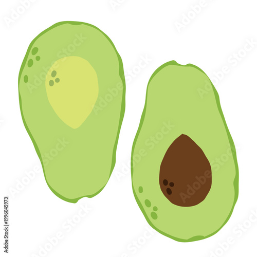 Isolated flat illustration of two avocado halves, one with a pit and one without. Clean hand-drawn vector element for grocery apps, menus, and healthy eating infographics
