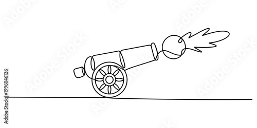 A single line art drawing of a classic historic cannon firing a projectile with a burst of flame and smoke cloud. Vector, illustration