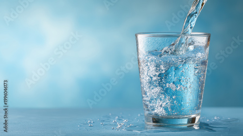 Clear water pouring into transparent glass with bubbles and splash on blue background refreshing drink