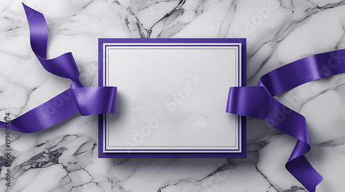 Symmetrical Square Border with Rich Purple Silk Ribbon on Polished Marble Surface