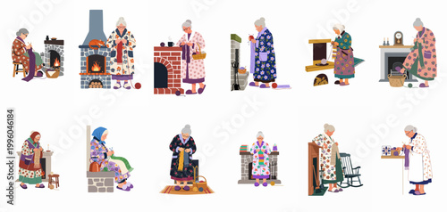 Set of vector illustrations of elderly grandmothers in cozy robes knitting by warm fireplaces, showcasing a peaceful domestic hobby.