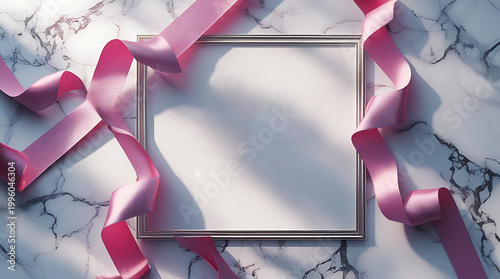 Top View Blank Square Frame with Elegant Pink Satin Ribbon on White Marble Background