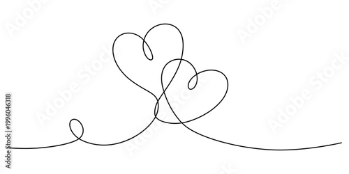 Minimalist continuous line art design featuring two elegant interconnected hearts for romantic wedding invitations. Vector, illustration