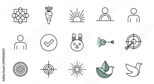 Vector Icons: Target, Rabbit, Carrot, Sunrise, Checkmark, Dove, People