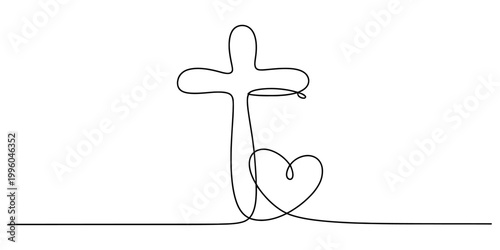 Minimalist continuous line art illustration of a christian cross combined with a small heart for spiritual peace. Vector, illustration