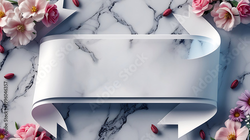 Horizontal White Paper Banner with Pink Flowers and Petals on Luxury Marble Texture