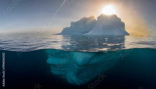 Cinematic wide shot captures iceberg floating in calm ocean with sunlight reflecting on surface and hidden mass below water