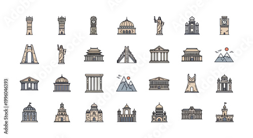 World Famous Landmarks Icons Collection - Vector Illustration