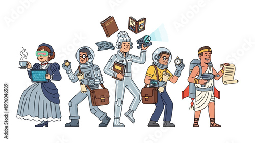 Billede på lærred Time Traveler: A whimsical illustration showcases a gathering of time travelers from various eras, each equipped with tools representing their time period