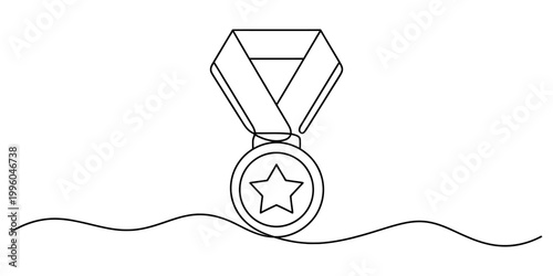 A single continuous line drawing of a gold medal with a star symbol representing victory and success in sport. Vector, illustration