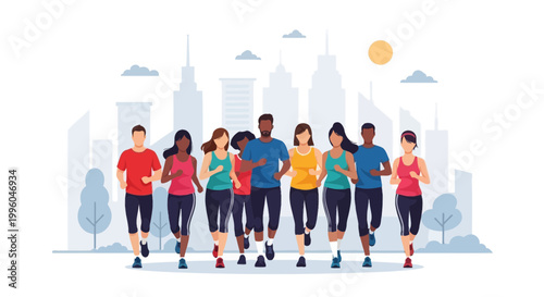 Diverse group of people running together in a city park, promoting fitness and community
