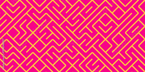 Geometric maze colorful seamless pattern. Brush drawn pink and yellow scribbles. Abstract maze geometric vector background. Irregular labyrinth pattern in bright colors. Hand drawn intricate banner.