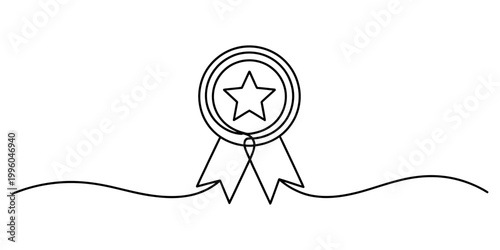 A single continuous line drawing of a simple award badge with a star symbol to represent success and achievement. Vector, illustration