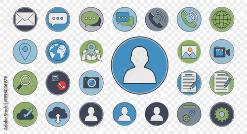 Collection of communication and technology icons on transparent background.