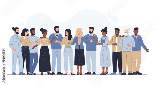 Diverse group of people standing together, smiling, arms around each other, representing unity and friendship.