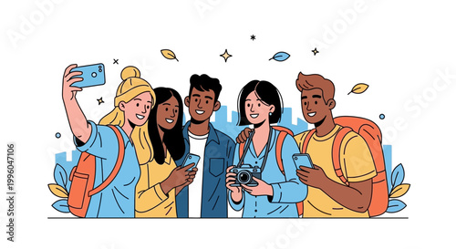 Diverse group of young friends taking selfies and photos while traveling