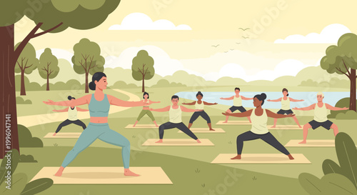 Diverse group practicing yoga outdoors in a park, promoting wellness and healthy lifestyle.